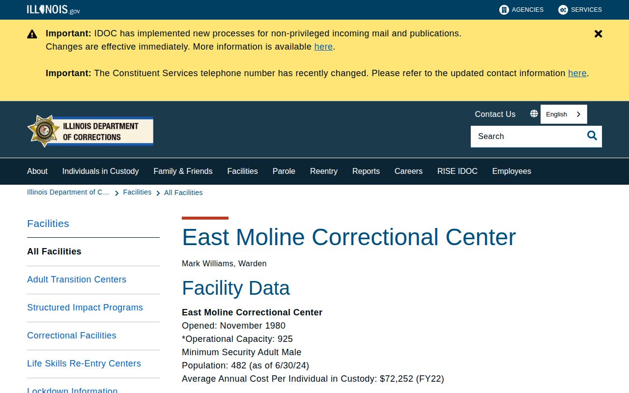 East Moline Correctional Center release and IDOC facility information