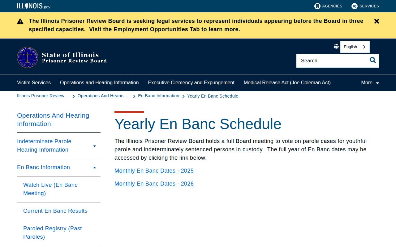 Illinois Prisoner Review Board yearly En Banc hearing schedule